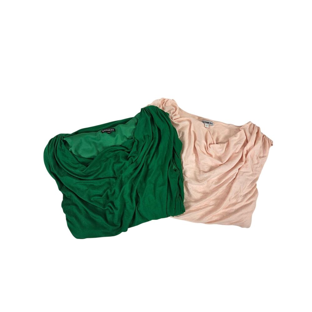 Express Cowl Neck Ruched Top Set of 2 Kelly Green and Peach/pink Bubble Hem L
